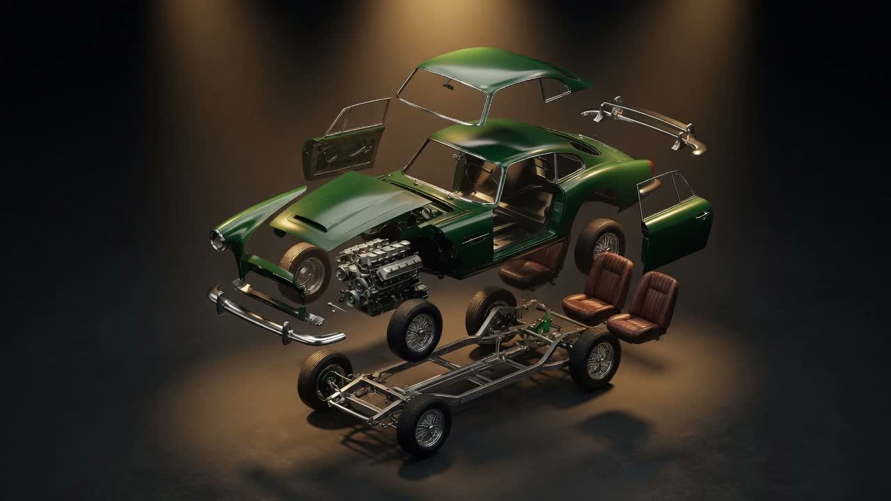 British Racing Green Oldtimer, isometrische Studioaufnahme, vollständig montiert