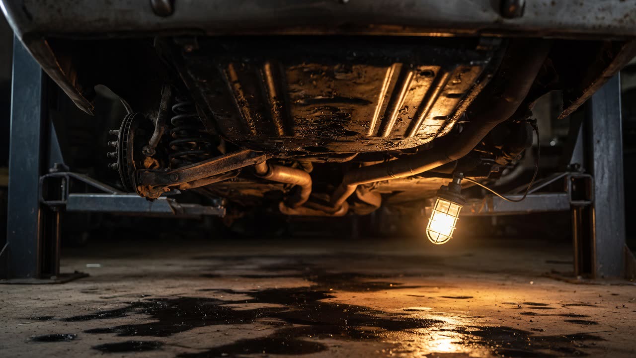 Befundaufnahme in der Werkstatt: Fahrzeug auf der Hebebühne, Bodenblech wird geprüft
