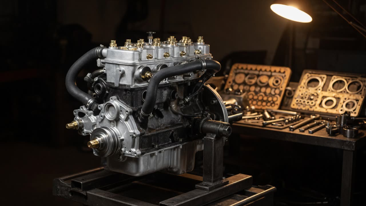 Überholter Motor eines Klassikers auf dem Montagebock