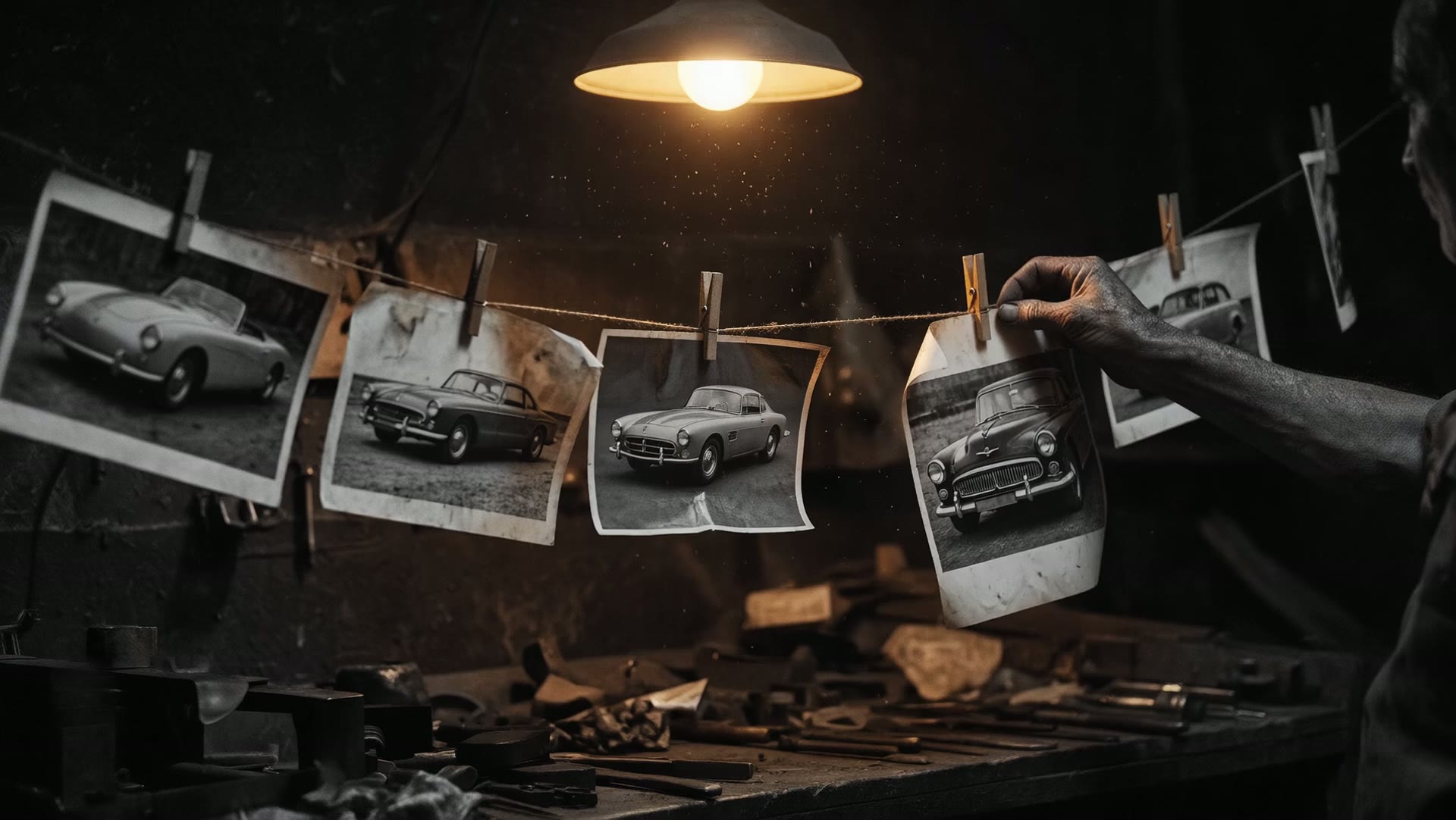 Fotoabzüge von Klassikern auf der Werkbank, warmes Lampenlicht wandert darüber