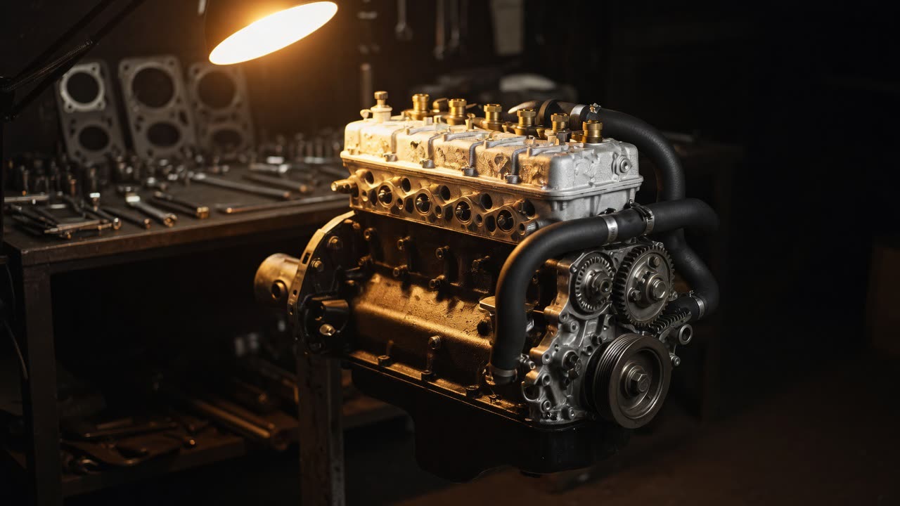 Überholter Motor eines Klassikers auf dem Montagebock